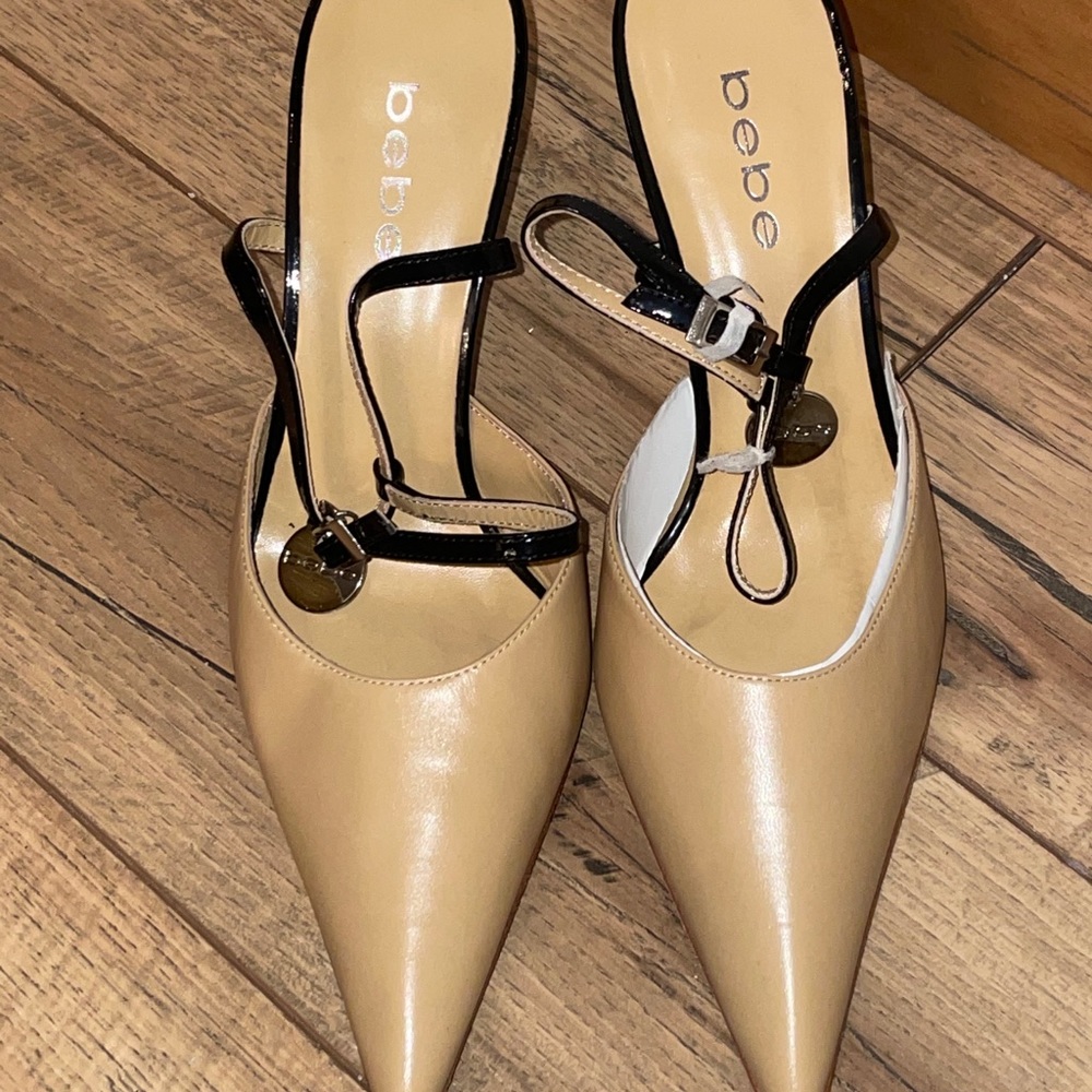 BEBE designer beige leather heels
